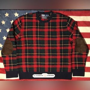 NWOT Vintage Ralph Lauren Polo Lambs Wool Plaid Suede Patches Sweater XL Rl rlx